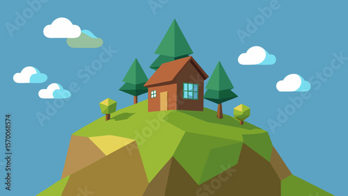 Cartoon country house on a mountain hill with trees, fields, and a clear sky, illustrating a peaceful rural summer landscape