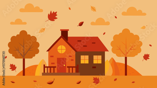 Autumn cityscape with houses, trees, and sky