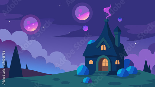 Dark castle in the haunted woods, silhouetted by the moonlit sky with bats flying