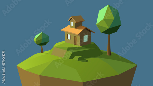 Cartoon illustration of a green house with a tree, depicting a residential building in a summer village landscape under a blue sky