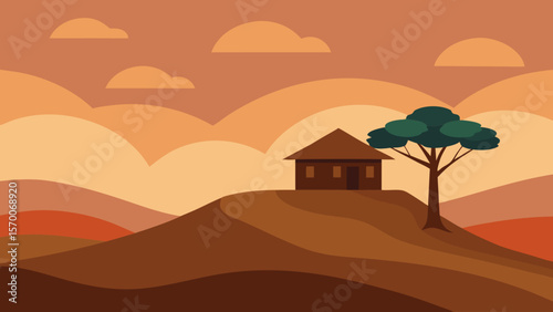 Desert landscape with a house at sunset, featuring distant mountains, a lone tree silhouette, and an orange sky