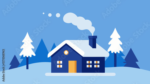Cozy house in a snowy winter landscape with Christmas trees and a clear blue sky