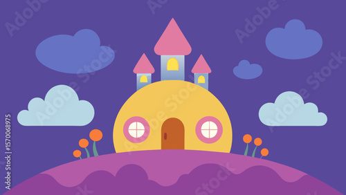 Enchanted fairy tale castle vector illustration at night with moonlit towers and windows, perfect for fantasy landscape designs