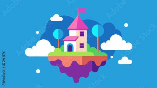 A charming cartoon fairy tale castle stands on a green hill with a blue sky, fluffy clouds, and trees, illustrating a whimsical summer landscape