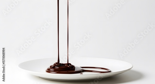 Melted Dark Chocolate Flowing onto a White Plate, Delicious Sweet Treat, Indulgent Dessert Photography