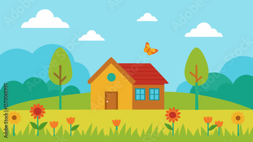 Summer landscape illustration with a charming country house, flowers, and trees in a peaceful village meadow under a blue sky