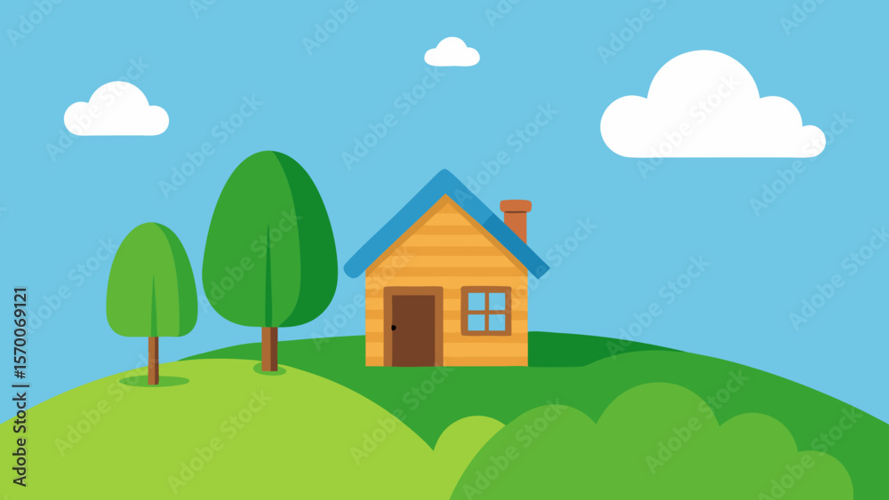 Naklejka premium A charming cartoon cottage nestled on a grassy hill, surrounded by a vibrant summer landscape with trees, clouds, and a sunny sky