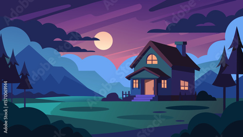 A cartoon illustration of a cozy village home with a glowing window under a moonlit night sky, surrounded by nature's trees, grass, and rolling hills