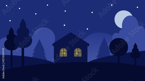 Christmas night in the mountains with a dark sky, bright moon, and silhouetted houses, trees, and stars