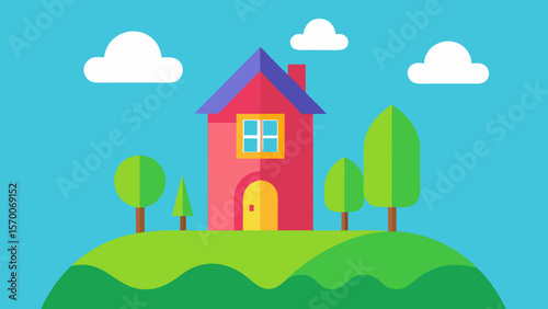 A vibrant cartoon village landscape features a cozy house with trees under a summer sky