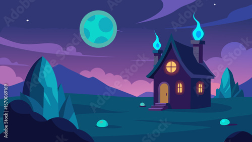 Spooky house in a dark forest with a haunted castle silhouette under a Halloween moonlit sky, adorned with bats and glowing lights, an architectural illustration