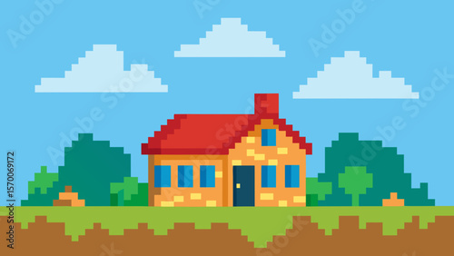 Cartoon vector illustration of a summer city landscape with houses, trees, and sky