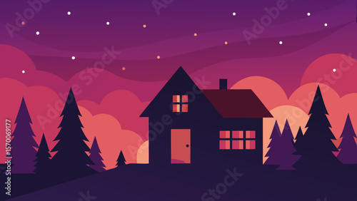 Moonlit house on a hill, a spooky silhouette against the dark night sky with a lone tree