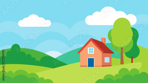 Cartoon illustration of a charming country cottage on a grassy hill, surrounded by a vibrant summer landscape with trees, fields, and a bright sky