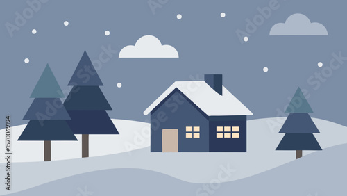 Christmas night winter landscape with houses, snow, trees, and festive decoration