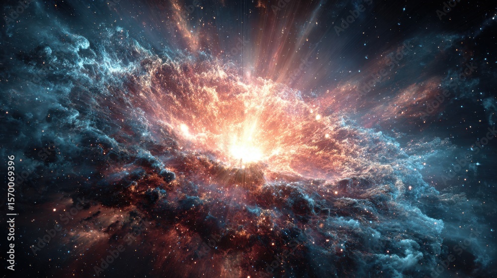 Fototapeta premium A brilliant cosmic explosion unfolds, featuring vibrant colors and swirling gases in a nebula. The scene captures the wonders of the universe in stunning detail, revealing its beauty.