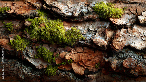 Close up of textured tree bark with patches of vibrant green moss