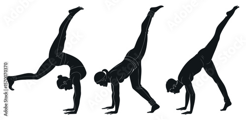 Silhouette of woman performing handstand yoga pose against transparent background