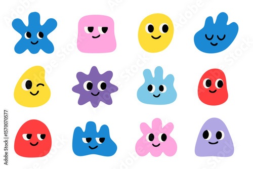 Collection of abstract colorful characters with emotions. Fun faces in bright minimal shapes on white background. Ideal for children’s projects, branding, or playful design elements.