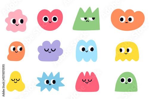 Set of colorful geometric characters with expressive faces. Unique hand-drawn shapes with various moods and emotions on white background. Perfect for stickers, prints, or kids' design.