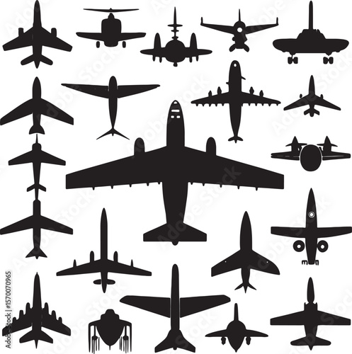 Collection of diverse airplane silhouettes isolated on white background 