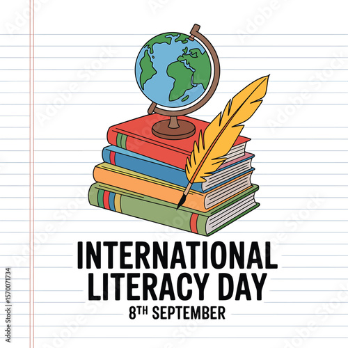 International Literacy Day Vector Graphic Globe Topping Stacked Books with Quill Pen, Promoting Education and Reading on September 8th, Celebratory Design