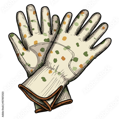 Gardening gloves with colorful dots on white background  