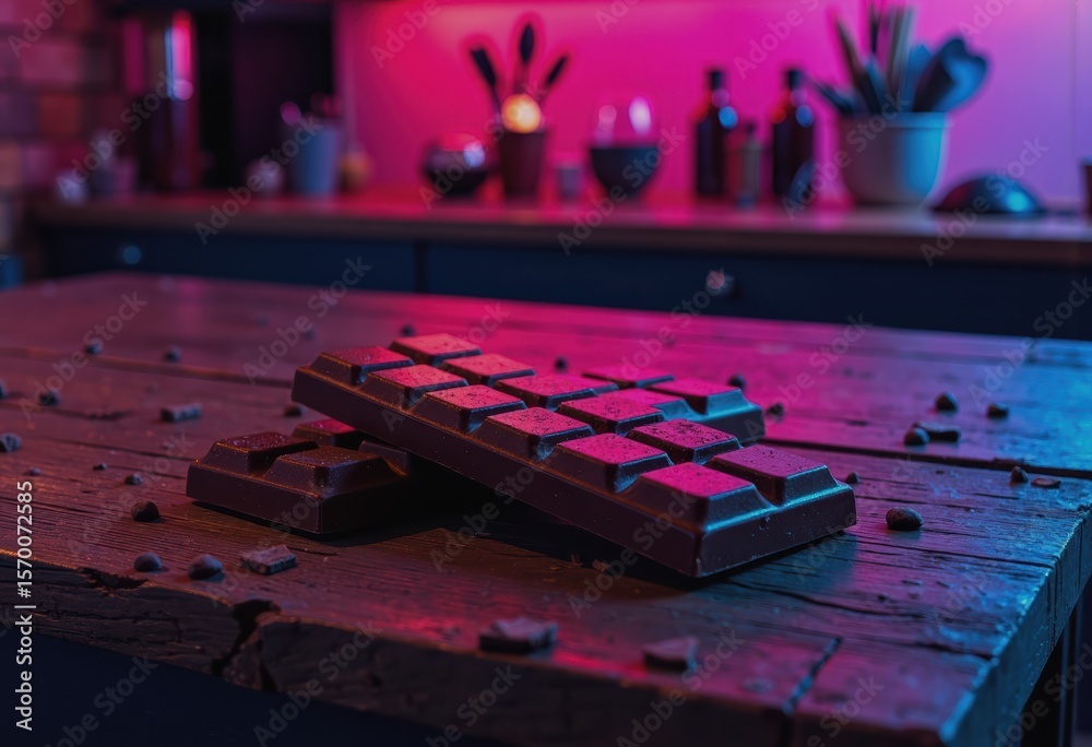Fototapeta premium Blank chocolate bar displayed on a rustic wooden table