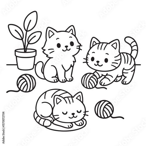 Adorable kittens play with yarn and nap peacefully near a houseplant. Great for children coloring books. 