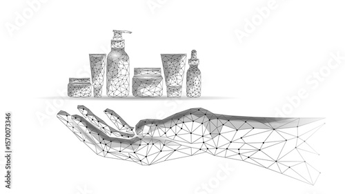 Cosmetic products illustration displayed in hand. Skincare routine represented by beauty product set, polygonal style. Suitable beauty wellness dermatology cosmetics spa design white background vector