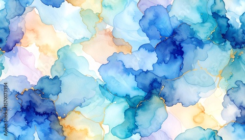 Seamless pattern of abstract watercolor blotches in cool tones with realistic edge bleeding and natural repetition