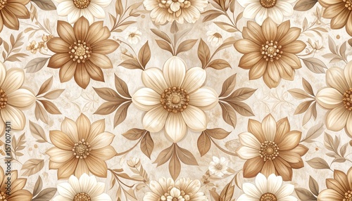 High-resolution repeating floral pattern in muted earth tones with organic symmetry and realistic paint texture effects