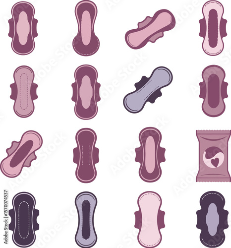 Purple Menstrual Pad & Feminine Hygiene Product Collection: Vector Illustration Set, Isolated on White. Health, Personal Care, Period, Sanitary Napkin & Tampon Packaging Design.