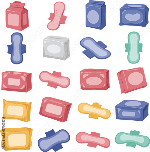 Purple Menstrual Pad & Feminine Hygiene Product Collection: Vector Illustration Set, Isolated on White. Health, Personal Care, Period, Sanitary Napkin & Tampon Packaging Design.