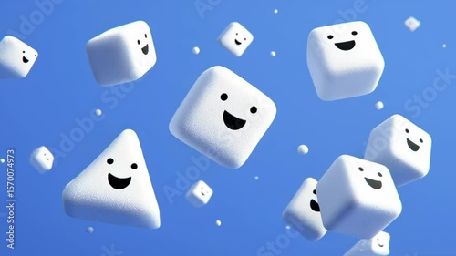 Floating shapes with smiling faces in a bright blue sky creating a cheerful and whimsical atmosphere