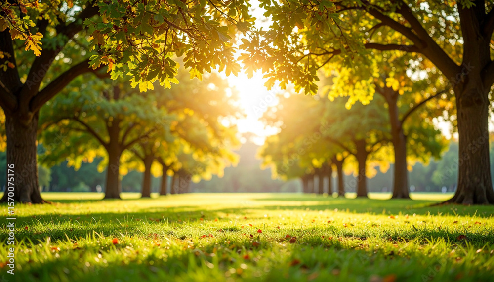 Fototapeta premium Golden hour illuminating lush green grass in a park with autumnal trees