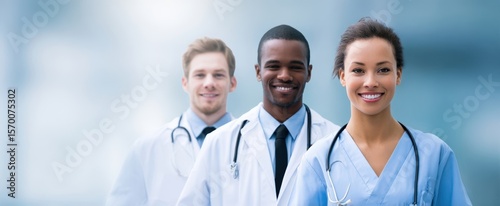 The group of diverse healthcare professionals smiling confidently in a modern environment.