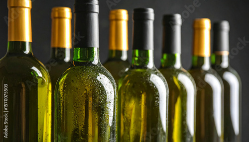 Cold wine bottles covered with condensation standing in a row