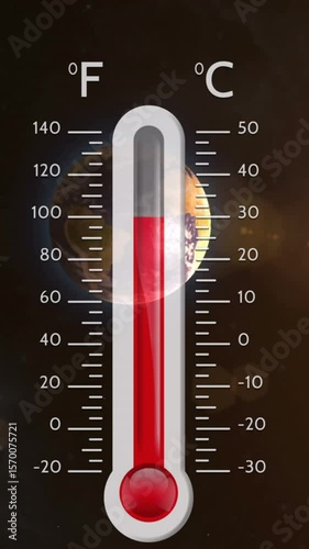 Animation of digital thermometer over sun and planets