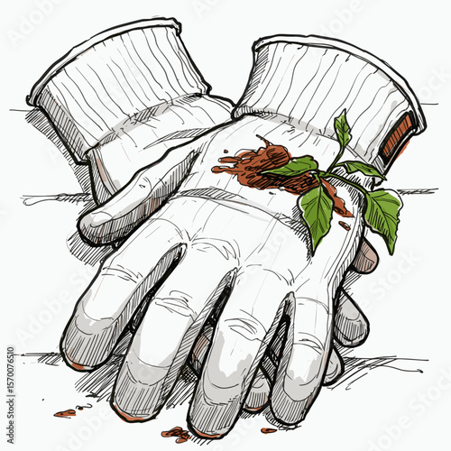Gardening gloves holding young plant with soil for planting  