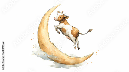 Dreamy Cow Jumping Over the Moon – Whimsical Nighttime Watercolor Scene