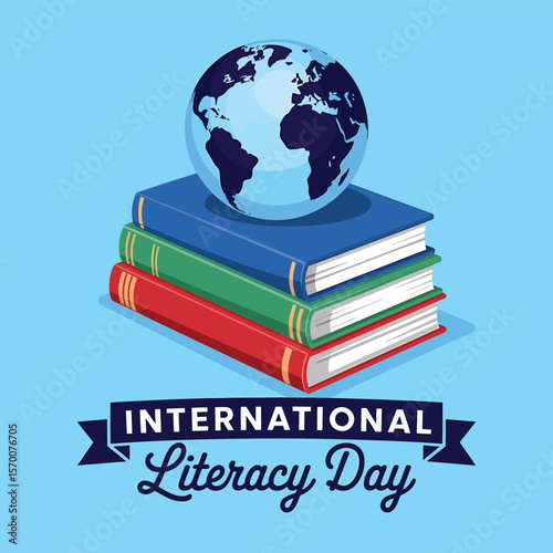 International Literacy Day Vector Graphic Stack of Books with Globe, Celebrating Education and Global Awareness for Learning and Reading Promotion, Illustrated Design.