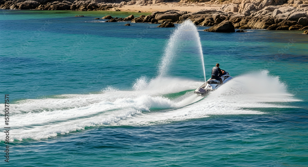 Obraz premium Adventurous Watercraft Riding Across Turquoise Sea Near Rocky Coastline During Summer
