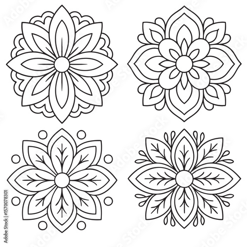 Four beautiful mandala designs with petal and leaf shapes. Great for mindfulness and coloring pages. 