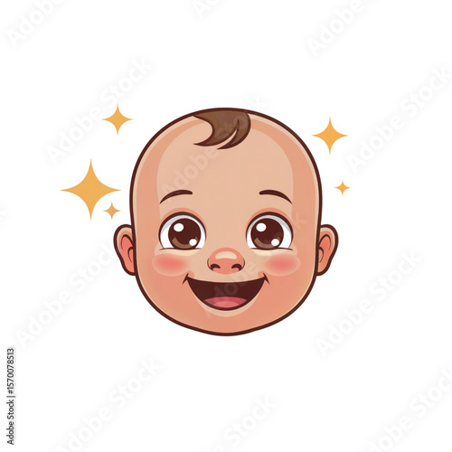 Vector illustration of a happy smiling baby face with big sparkling eyes and glowing stars around, isolated on white background. Perfect for baby products and joyful kids graphics. AI generated.