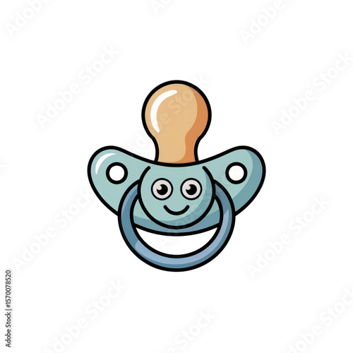 Vector illustration of a cute baby pacifier with cartoon eyes and smile, minimal flat design, centered on white background. AI generated – no real object depicted.