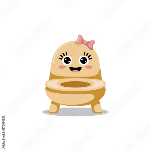 Vector illustration of a cute beige baby potty with smiling face, big eyes and eyelashes, isolated on white background. Ideal for baby-themed products and nursery graphics. AI generated.