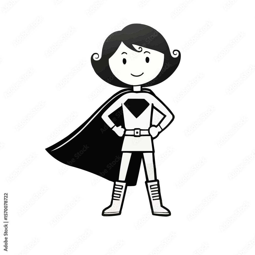 Superhero girl character in black cape with friendly smile on white background Superhero girl character in black cape with friendly smile on white background