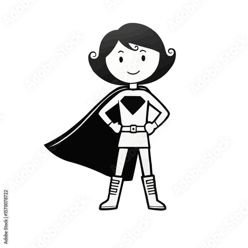 Superhero girl character in black cape with friendly smile on white background