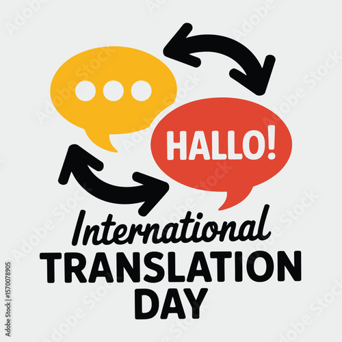 International Translation Day Vector Graphic with Speech Bubbles and the Word "Hallo!" in Red, Representing Global Communication and Linguistic Diversity.